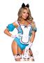 Leg Avenue Curious Miss Alice Lace Trimmed Garter Bodysuit With Sheer Panels, Puff Sleeves, Apron, And Bow Headband (4 Piece) - Small - Blue/white